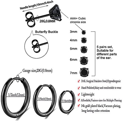 Surgical Stainless Steel Stud Earrings Hoop Earrings for Women Men 14K Gold Plated Hypoallergenic Cartilage Earrings Flat Back CZ Earrings Set Dainty Multiple Piercing Pack of 8 Pairs - color: Push back (Black)