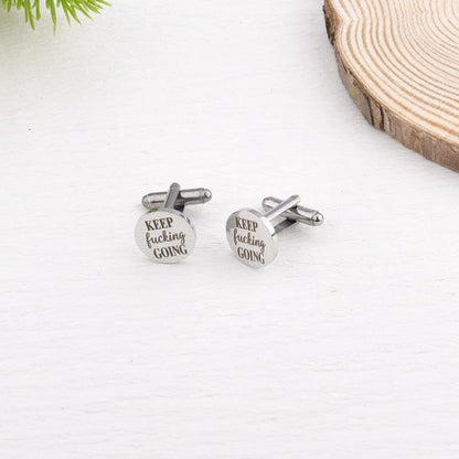 Silver Cufflinks for Men Wedding Engagement Gifts for Him Cuff Links 2Pcs Round Stainless Steel Engraved Cufflink for Shirt - color: Keep Fucking Going