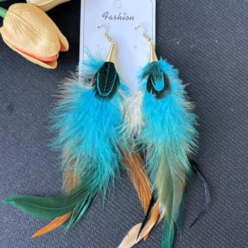 Boho Colorful Feather Dangle Earrings Handmade Beads Taseel Fashion Earrings for Women - color: Peacock Blue