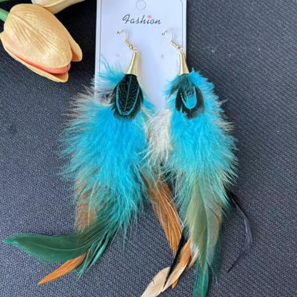 Boho Colorful Feather Dangle Earrings Handmade Beads Taseel Fashion Earrings for Women - color: Peacock Blue