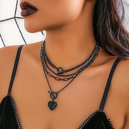 CSIYANJRY99 Layered Gold Necklaces for Women Chunky Gold Necklace Stack Layered Cuban Paperclip Snake Chain Necklace Retro Coin Dainty Pendant Toggle Clasp Necklace - style: Black Heart