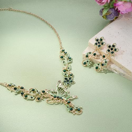 EleQueen Women's Crystal Butterfly Flower Leaf Necklace Earrings Set | Crystal Jewelry Set for Brides Bridesmaids, Necklace Set for Party - color: Green