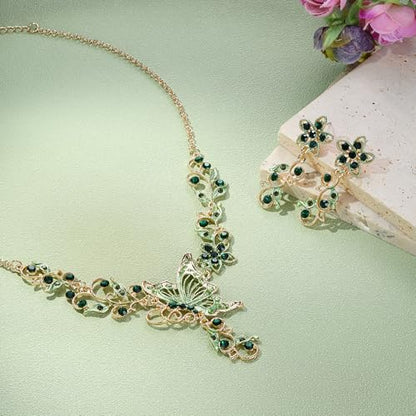 EleQueen Women's Crystal Butterfly Flower Leaf Necklace Earrings Set | Crystal Jewelry Set for Brides Bridesmaids, Necklace Set for Party - color: Green