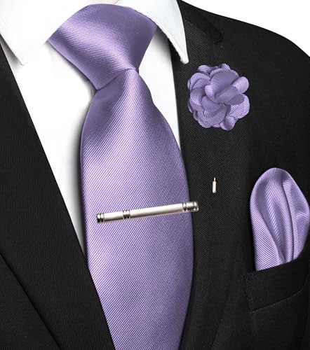 JEMYGINS Formal Necktie Solid Color Tie and Pocket Square with Tie Clip Lapel Pin Sets for Men 4PCS - color: Lavender