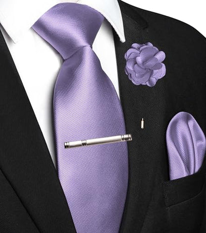 JEMYGINS Formal Necktie Solid Color Tie and Pocket Square with Tie Clip Lapel Pin Sets for Men 4PCS - color: Lavender