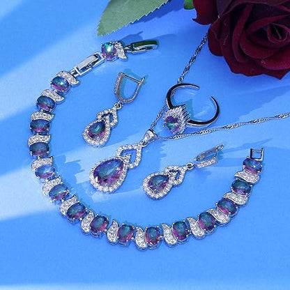 LMXXVJ Women Jewelry Set Platinum Plated Necklace Open Ring Earrings Bracelet Set,Birthday/Anniversary Mother’s Day Jewelry Gifts for Mom/Wife/Sister/Best Friend - color: KKJ-Multicolor