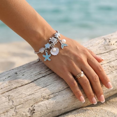 Charm Bracelet Snake Chain Ocean Theme Mermaid Tail Blue Starfish Shell Faux Pearl Turtles Beaded Adjustable Jewelry - color: Silver