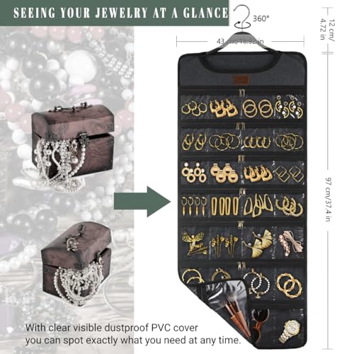 SMRITI Hanging Jewelry Organizer with Dual Zippered Pockets Canvas Double Sided Rotating Hanger Necklace Hanging Wall Organizer Earring Dustproof Holder Wall Mount Accessories Display Bag(Dark Grey) - color: #1-Dark Grey