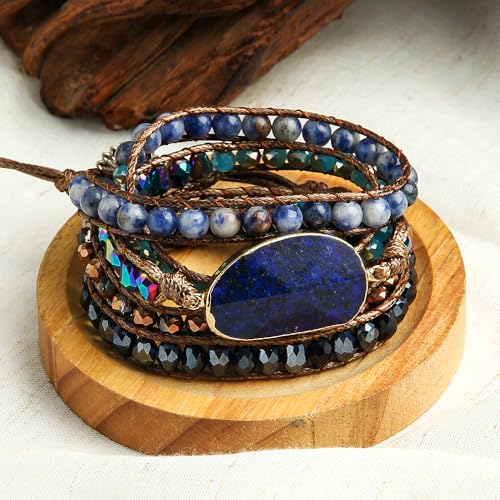 Women Wrap Bracelets Boho Natural Stone Jasper Turquoises Strand Bracelet Jewelry Collection - color: Lazuli #2