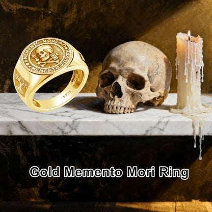 Memento Mori Ring 925 Sterling Silver Gothic Skull Signet Rings Tree of Life for Men Stoic Jewelry Memento Vivere Gifts - color: Gold