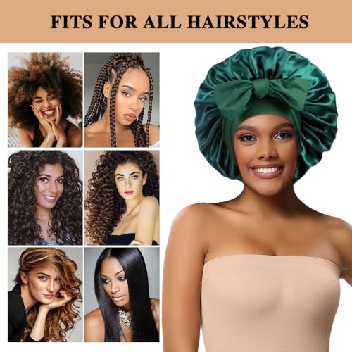 2+3 Large Satin Bonnets with Scrunchies for Women, Hair Bonnet Sleeping Tie Bonnet for Braids Curly Hair - color: D - Black, Sage Green
