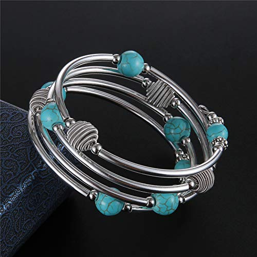 PEARL&CLUB Beaded Chakra Bangle Turquoise Bracelet - Fashion Jewelry Wrap Bracelet with Thick Silver Metal and Mala Beads, Birthday Gifts For Women - color: 63-Turquoise Blue