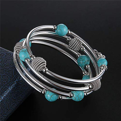 PEARL&CLUB Beaded Chakra Bangle Turquoise Bracelet - Fashion Jewelry Wrap Bracelet with Thick Silver Metal and Mala Beads, Birthday Gifts For Women - color: 63-Turquoise Blue