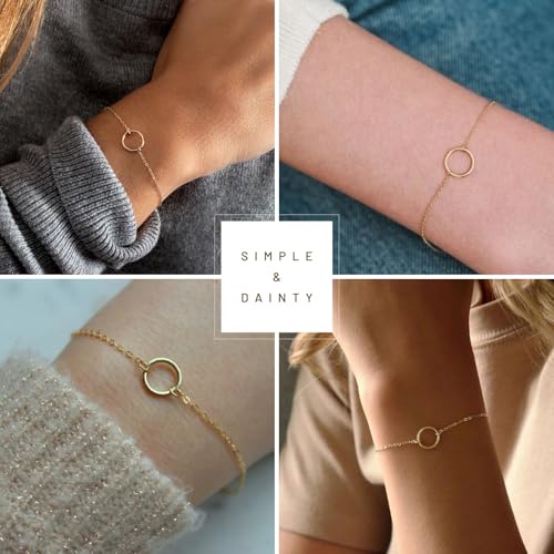 Solid 925 Sterling Silver Bracelets for Women, Dainty Interlocking Circles Cubic Zirconia Adjustable Chain Bracelet, Trendy Stackable Link Bracelets, Simple Cute Jewelry Gifts - color: Gold Karma Circle