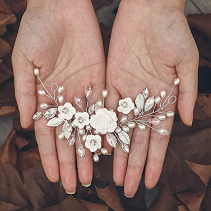 GORAIS Flower Wedding Hair Vine Pearl Bridal Hair Pieces Crystal Hair Accessories for Bride and Women - color: a-silver