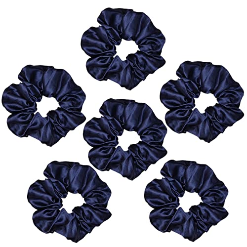 6 Pcs Satin Silk Scrunchies - Soft Hair Ties, Fashion Bands, Bows, Ropes, Elastic Bracelets, Ponytail Holders for Women and Girls (4.5 Inch, Navy Blue) - color: Navy Blue