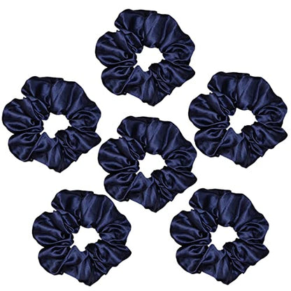 6 Pcs Satin Silk Scrunchies - Soft Hair Ties, Fashion Bands, Bows, Ropes, Elastic Bracelets, Ponytail Holders for Women and Girls (4.5 Inch, Navy Blue) - color: Navy Blue