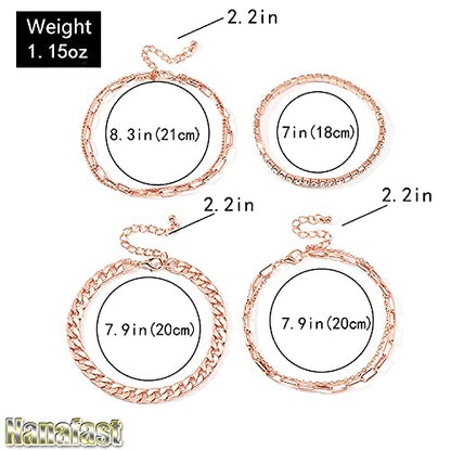 Nanafast 4-6PCS Ankle Bracelets Set for Women Gold Boho Beach Anklet Chain Adjustable Foot Jewelry for Women Extremely Simple Style - color: 4PCS-RoseGold