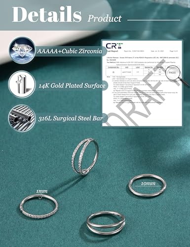 Dochais 4PCS 18G Nose Rings Hoops, Surgical Steel Earrings Tragus Septum Piercing CZ Clicker Ring, Hinged Segment Conch Lip Cartilage Double Hoops 8mm 10mm for Women Men - color: Silver, size: 18G(1.0mm),10mm