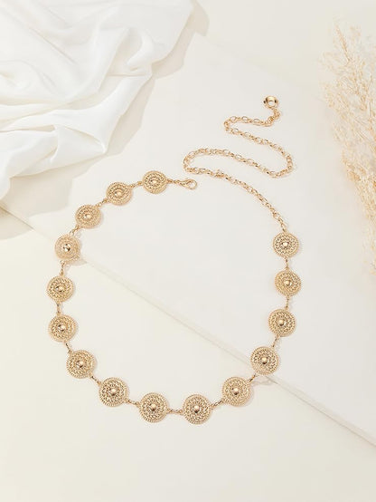 Women Western Concho Chain Belt - Fashion Gold Metal Waist Cowgirl Belt for Dresses Jeans - color: Silver-sun-flower