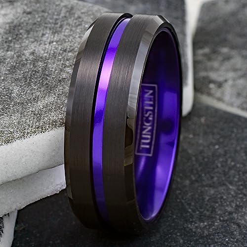 Magnificent 6mm/8mm Piano Black Tungsten Carbide Band Ring w/Brilliant Purple Stripe & Matching Purple Anodized Aluminum Comfort Fit Inner Band.
