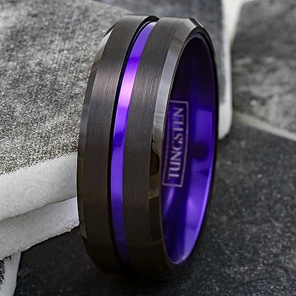 Magnificent 6mm/8mm Piano Black Tungsten Carbide Band Ring w/Brilliant Purple Stripe & Matching Purple Anodized Aluminum Comfort Fit Inner Band.