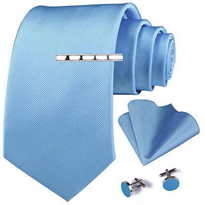GUSLESON New 3.15"（8cm） Solid Color Necktie and Pocket Square Cufflinks Clip Set - color: Light Blue