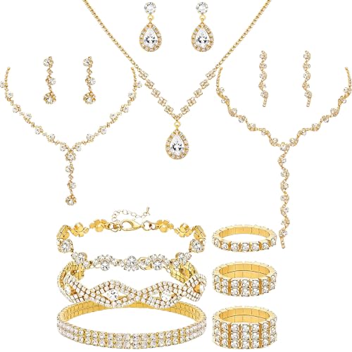 NEWITIN 15 Pieces Gold Jewelry Set for Women Wedding Costume Accessories | Hypoallergenic, Cubic Zirconia, CZ Necklaces Earrings Bracelets Ring, Crystal Jewelry for Wedding Bride Bridesmaid Party Prom - color: Beauty