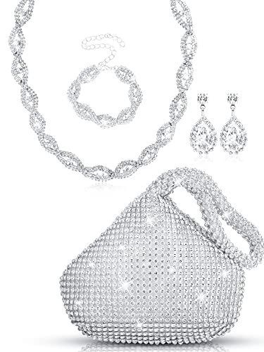 4 Pcs Silver Clutch Purse Jewelry Set for Women Rave Accessories Evening Rhinestone Purse Silver for Bride Wedding - style: Fresh Style