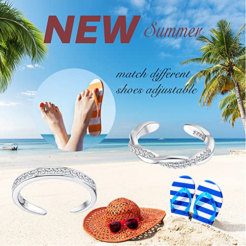 FIASASO 2 Pcs Sterling Silver Toe Rings for Women Adjustable Band Toe Rings Summer Beach Open Toe Ring Foot Jewelry Set