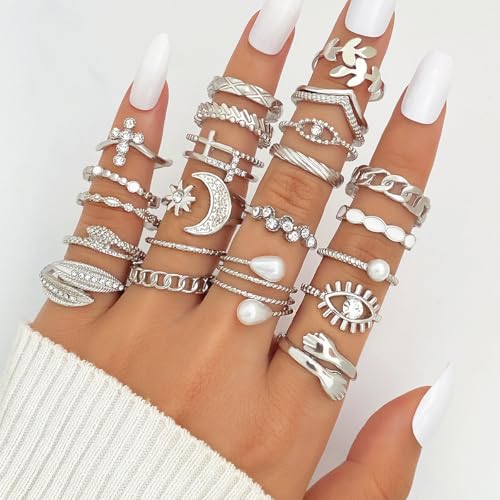 Golden Knuckle Rings Set for Women, 14k Golden Plated Open Stacking Knuckle Midi Rings Dainty Cubic Zirconia Crystal Simple Hollow Cute Rings Pack Jewelry Gifte - color: Silvery 23PCS