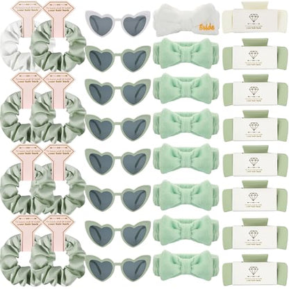 Bridesmaid Scrunchies Proposal Hair claws clips Set of 12 Bridal Shower heart sunglasses Gifts for Wedding Bachelorette Party Favors (32pcs White&Sage Green) - color: 32pcs White&Sage Green