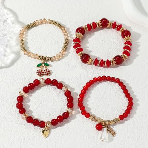 Red Cherry Beaded Bracelets Set for Women Stackable Layered Charm Bracelets Red Beaded Stretch Bracelet Cute Boho Statement Jewelry for Birthday Party Vacation Gift - color: 4PCS Set - Gold Cherry