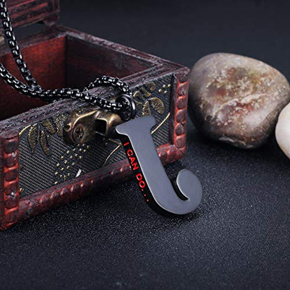 Initial 26 Letter A to Z Pendant Necklace for Teen Women Men 24" Chain | Large Alphabet Letter Personalized Charm Pendant,Engraving Red 'I CAN DO ...' on Back - style: J