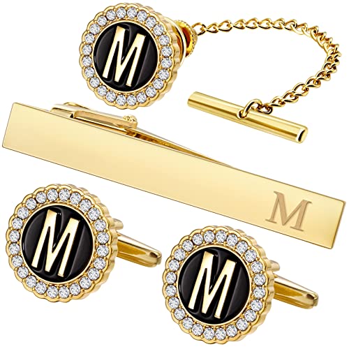HAWSON Tie Clips, Cufflinks, Tie Tack & Lapel Pins for Men - Suitable for Neckties and French Cuff or Dress Shirt Suits - Jewelry Box Packed, Initials Designed - style: M-4pcs Sets