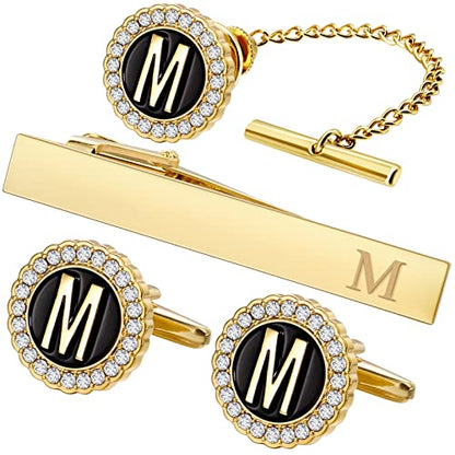 HAWSON Tie Clips, Cufflinks, Tie Tack & Lapel Pins for Men - Suitable for Neckties and French Cuff or Dress Shirt Suits - Jewelry Box Packed, Initials Designed - style: M-4pcs Sets