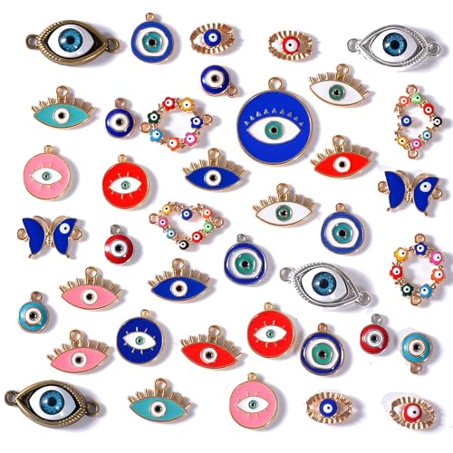 Bulk Gold Enamel Charms for Jewelry Making, Colorful Metal Charms Pendant for Bracelet Necklace and Crafting - color: Evil Eye Blue & Red
