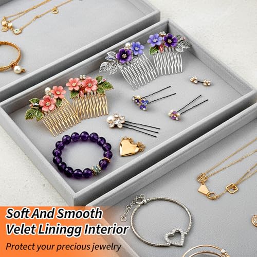 4 Pack Gray Velvet Stackable Jewelry Tray Showcase Display - 13.78 x 9.45 x 1.18 Inch, Stackable Necklace Bracelet Ring Showcase Display Empty Plate for Necklace Earring Ring Bracelet