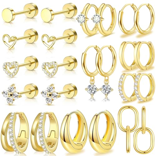Nunpag 9 Pairs 14K Gold Plated Chunky Huggie Hoop Earrings Set for Women Hypoallergenic Stainless Steel Lightweight Small Earring Stacks for Multiple Piercings Non Tarnish Jewelry Gift Twisted 8-12mm - color: 12Pairs-Gold