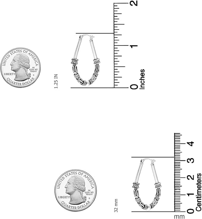 LeCalla 925 Sterling Silver Hoop Earrings for Women | Italian Design Classic Diamond-Cut Textured Hoops Earring | Women's Oval Drop Shape Silver Earring Jewelry - color: Bohemian Tribal Bali