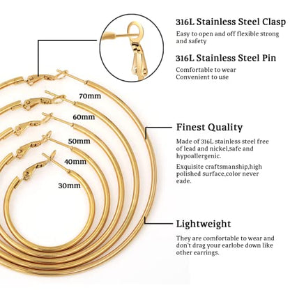 Senteria Large Gold Plated Hoop Earrings for Women Lightweight 316L Stainless Steel Hoop Earrings Set Hypoallergenic Thin Gold Plated Hoop Earrings for Women (30/40/50/60/70MM) 5 Pairs - color: 5pairs(30/40/50/60/70mm)-gold