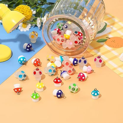 64Pcs Mushroom Resin Charms, Luminous Mushroom Beads | 32 Solid and 32 Glow in The Dark, Mushrooms Pendant, DIY Crafts, Bracelet Necklace Earrings Jewelry Making, Party Favors - style: Mushroom Style