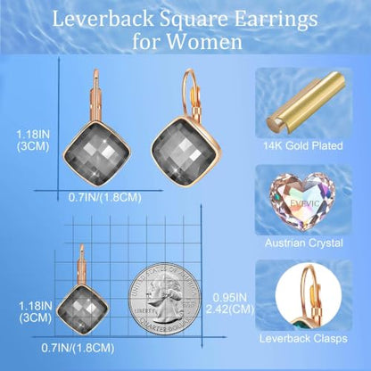 Austrian Crystal Square Leverback Drop Earrings for Women | Classic Square-Cut Crystal,14K Gold-Plated,Leverback for Easy Secure Wear,Gift Box Included,For Day and Evening Events - color: Black