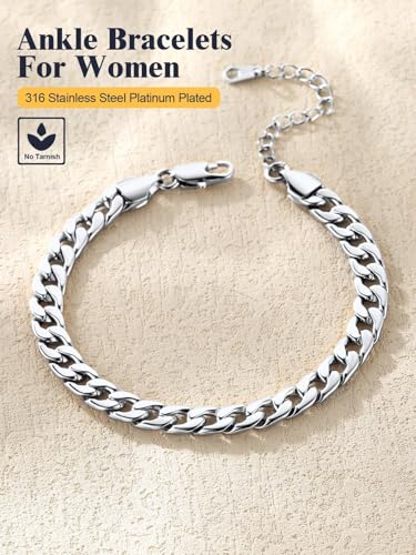 U7 Ankle Bracelets for Women Stainless Steel Waterproof Tarnish Resistant | 18K Gold Plated/Silver/Rose Gold Anklets, Cuban Chain Anklet Bracelets, Perfect for Summer Beach and Vacation Outfits - color: Platinum Plated-5mm-Cuban Chain