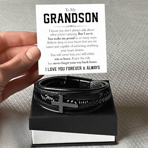 To My GrandSon Bracelet – Cross Braided Leather Bracelet, Meaningful GrandSon Gift from Grandpa & Grandma with Heartfelt Message Card & Elegant Gift Box for Birthday, Christmas, Graduation - color: Version#5