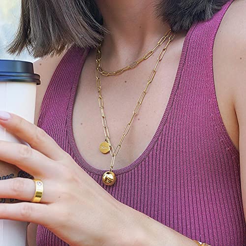 14K Gold Long Layered Chain Link Necklaces for Women Gold or Silver Harmony Ball Pendant Paperclip Necklace Adjustable Earth Map Chain Necklace - color: Gold
