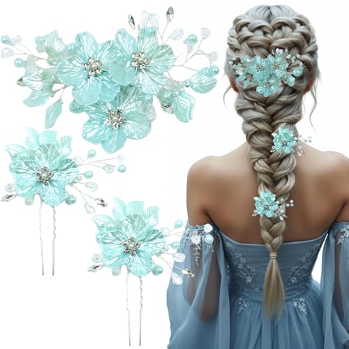 3 PCS Large Flower Bridal Wedding Hair Pins Crystal Pearl Hair Clips Headpiece Bride Hair Accessories Jewelry with Rhinestone, Glitter Emboss Blue Flower - color: Glitter Emboss Blue Flower