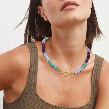 KissYan Beaded Gemstone Necklaces for Women | Colorful Bead Natural Stone Choker with 14K Gold Plated Spring Ring Clasp, Handmade Knot Jewelry for Summer Beach - color: U-Purple & Green