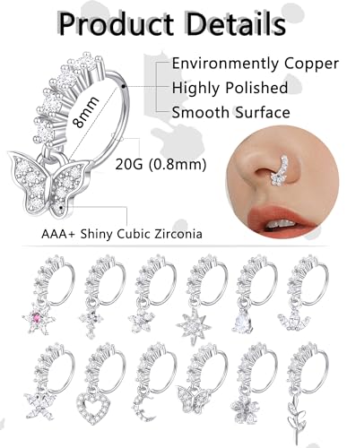 Akeoqi 12Pcs Nose Ring Hoop Cartilage Earring Cute Leaf Star CZ Butterfly Paved Nose Piercing Jewelry for Women men Silver Gold Plated 20G - color: D:Silver Drop