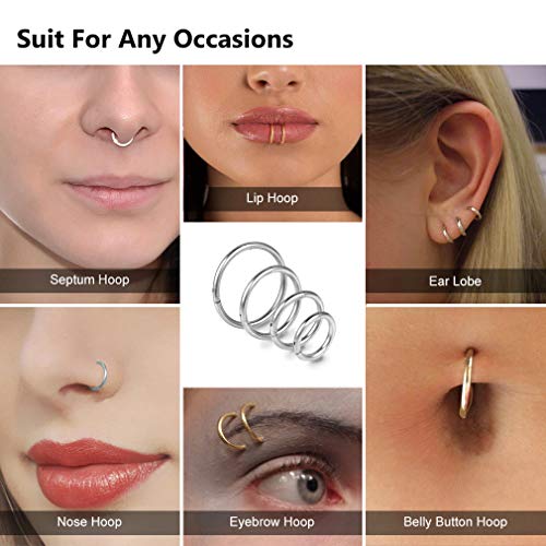 4Pcs 16G 18G 20G Surgical-Steel-Piercing-Ring-Nose-Rings-Hinged-Hoop-Earrings,6mm 8mm 10mm 12mm Seamless Stainless Steel Clicker Eyebrow Septum Piercing Hoop,Sliver Black Gold Rose Gold Rainbow Body Jewelry Set - color: 16G 8mm Silver